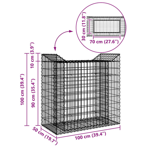 Gabion Kohotettu Peti 50 x 100 x 100 cm Galvanoitu teräs Hopea