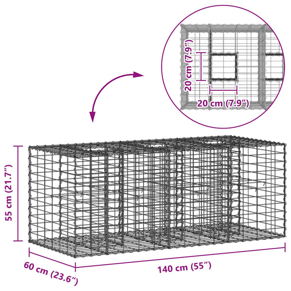 Gabion Kohotettu Peti 140 x 60 x 55 cm Galvanoitu teräs Hopea
