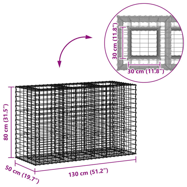 Gabion Kohotettu Peti 130 x 50 x 80 cm Galvanoitu teräs Hopea