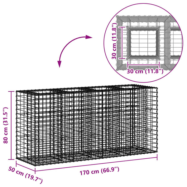 Gabion Kohotettu Peti 170 x 50 x 80 cm Galvanoitu teräs Hopea