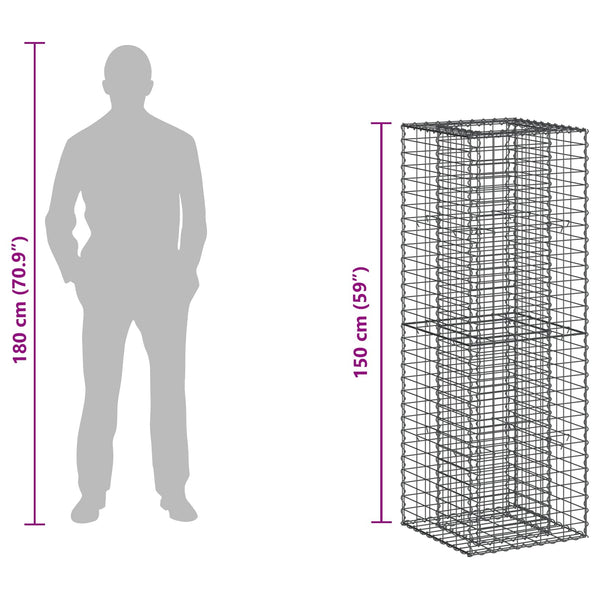 Gabion Kohotettu Peti 50 x 50 x 150 cm Galvanoitu teräs Hopea