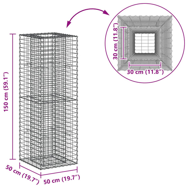 Gabion Kohotettu Peti 50 x 50 x 150 cm Galvanoitu teräs Hopea