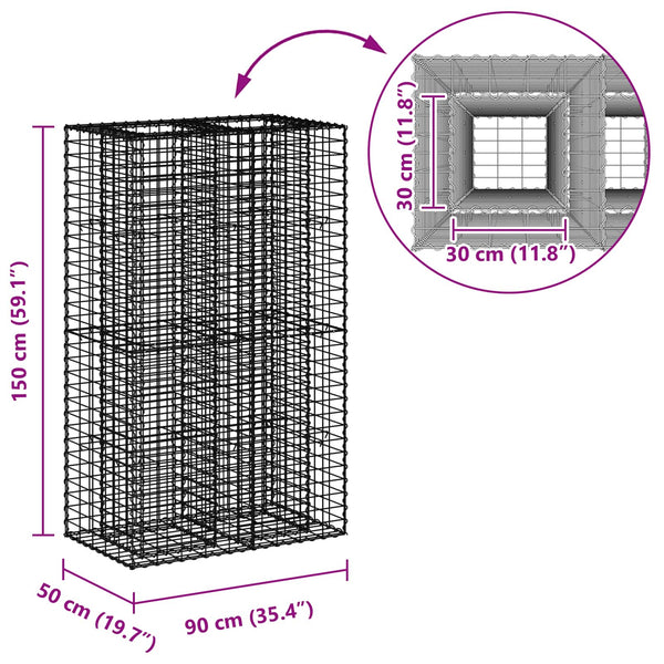 Gabion Kohotettu Peti 90 x 50 x 150 cm Galvanoitu teräs Hopea