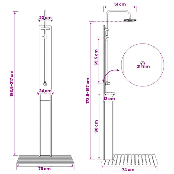 Ulko-suihku 217 cm Kiinteä akasiapuu ja ruostumaton teräs