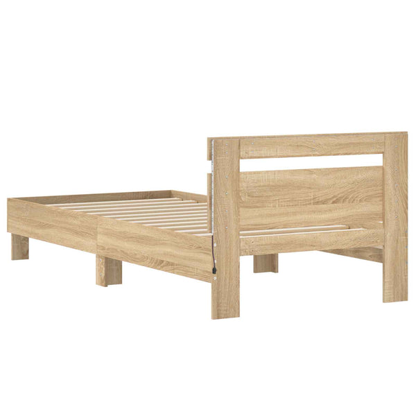 Sängyn runko LED-nauhoilla päätyllä Sonoma-tammi Tekninen puu