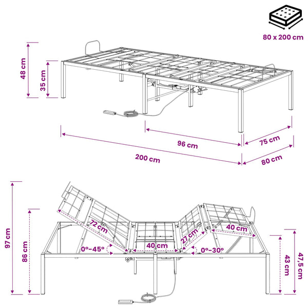 Sähkösäätöinen sänky runko Musta 200 x 80 x 33,5 cm Teräs