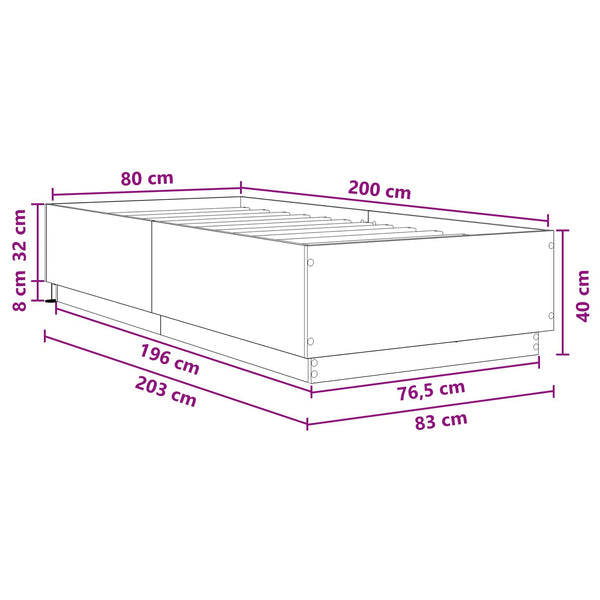 Sängyn runko LED-valolla Vanha puu 80 x 200 cm Tekninen puu