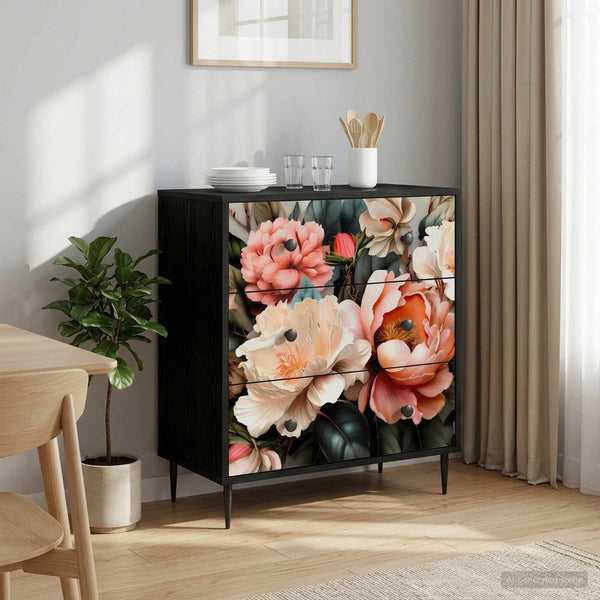 Laukkaava BORNE Vaalea pionikuvio 66 x 36,5 x 76 cm Musta tammi