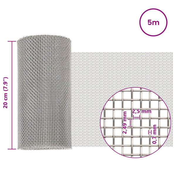 Verkkoruudun 20 x 500 cm 8 Mesh Ruostumaton teräs 201 Hopea