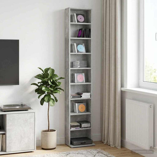 CD-kaappi Betoninharmaa 33 x 23,5 x 175 cm Tekninen puu