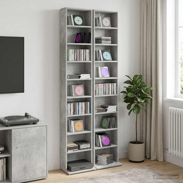 CD-kaappi 2 kpl Betoninharmaa 33 x 23,5 x 175 cm Tekninen puu