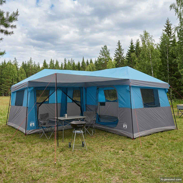 Perhe teltta sadeteltalla, vedenpitävä 14 hengelle Sininen