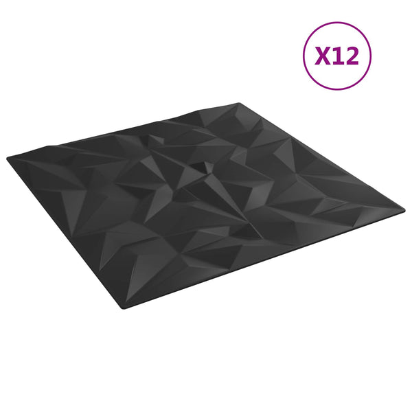 Seinäpaneelit 12 kpl 50 x 50 cm Musta XPS Vaahdon