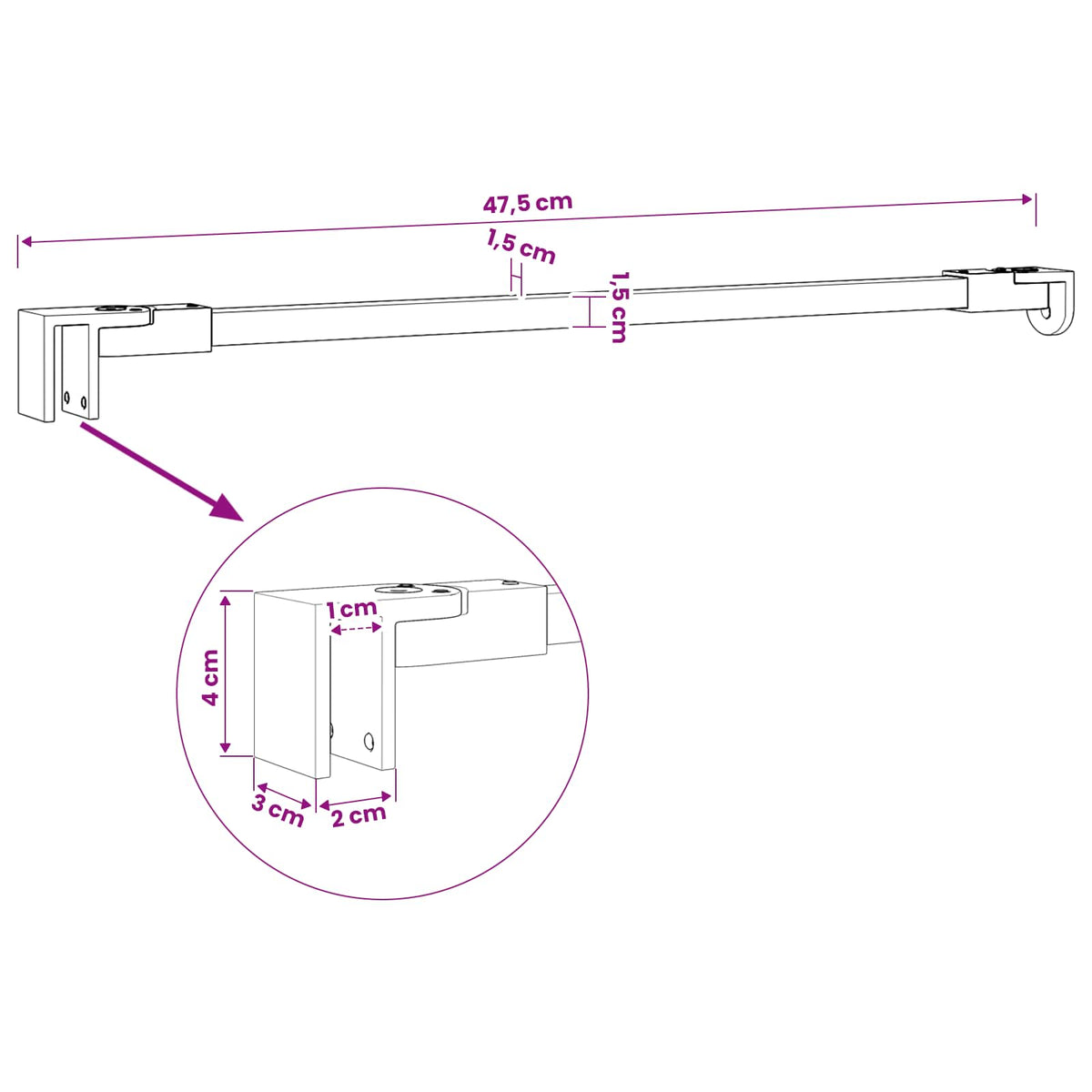 Suihkuseinän tukitanko 47,5 cm 68/ mm lasille Musta