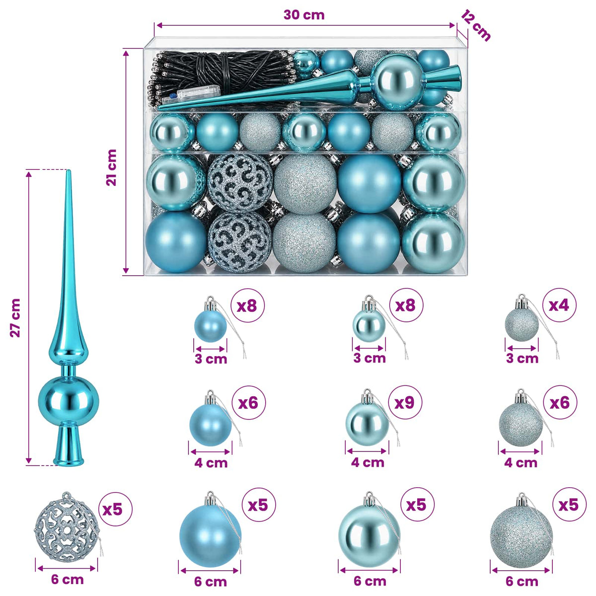Joulukoristeen setti 61 kpl Turkoosi Halk. 6 cm Muovi 150 LEDiä
