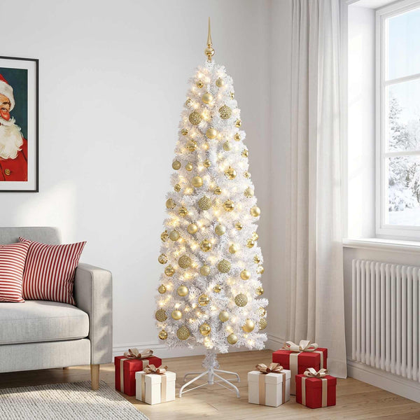 Kapea tekokuusi joulupalloilla 210 cm 300 LEDiä