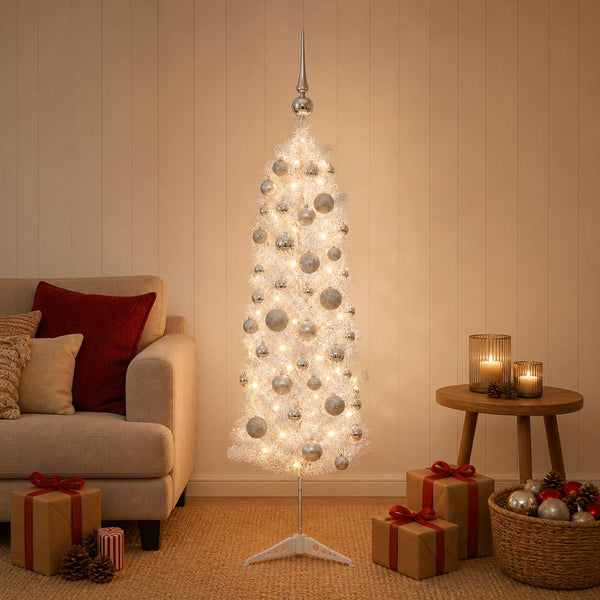 Kapea tekokuusi joulupalloilla 120 cm 150 LEDiä