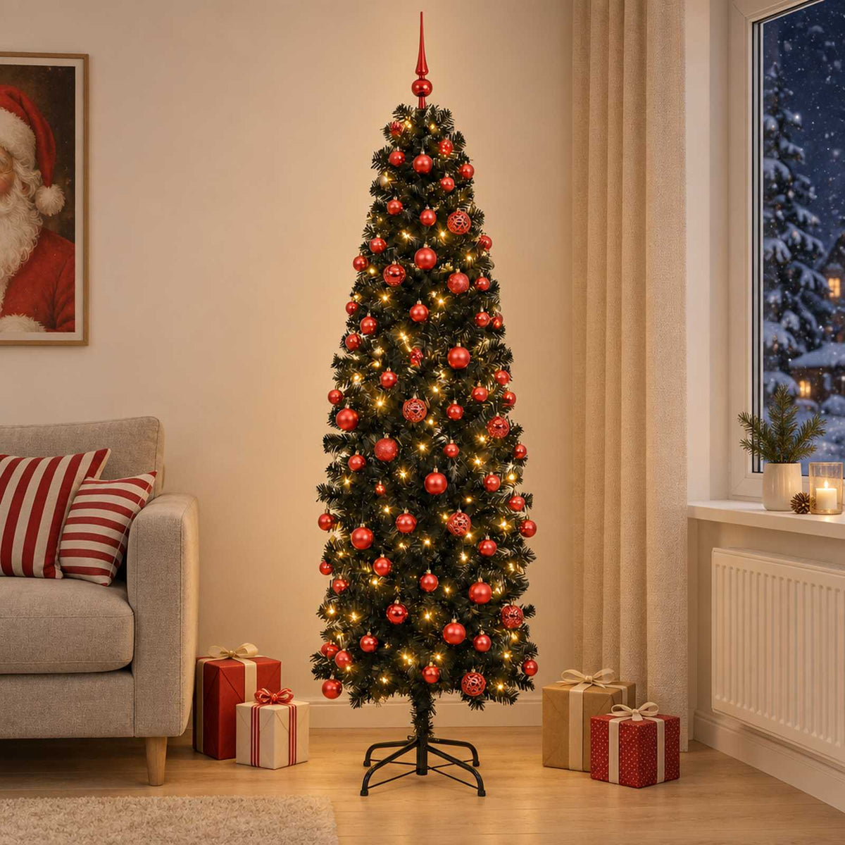 Kapea tekokuusi joulupalloilla 240 cm 300 LEDiä