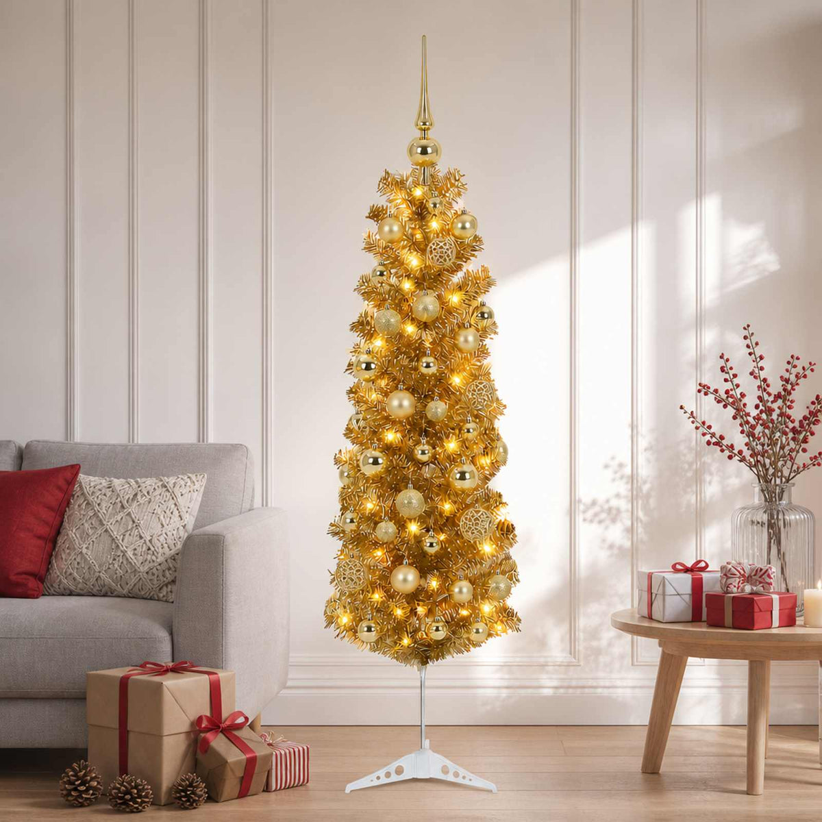 Keinotekoinen hoikka joulukuusi koristeilla 150 cm 150 LEDiä