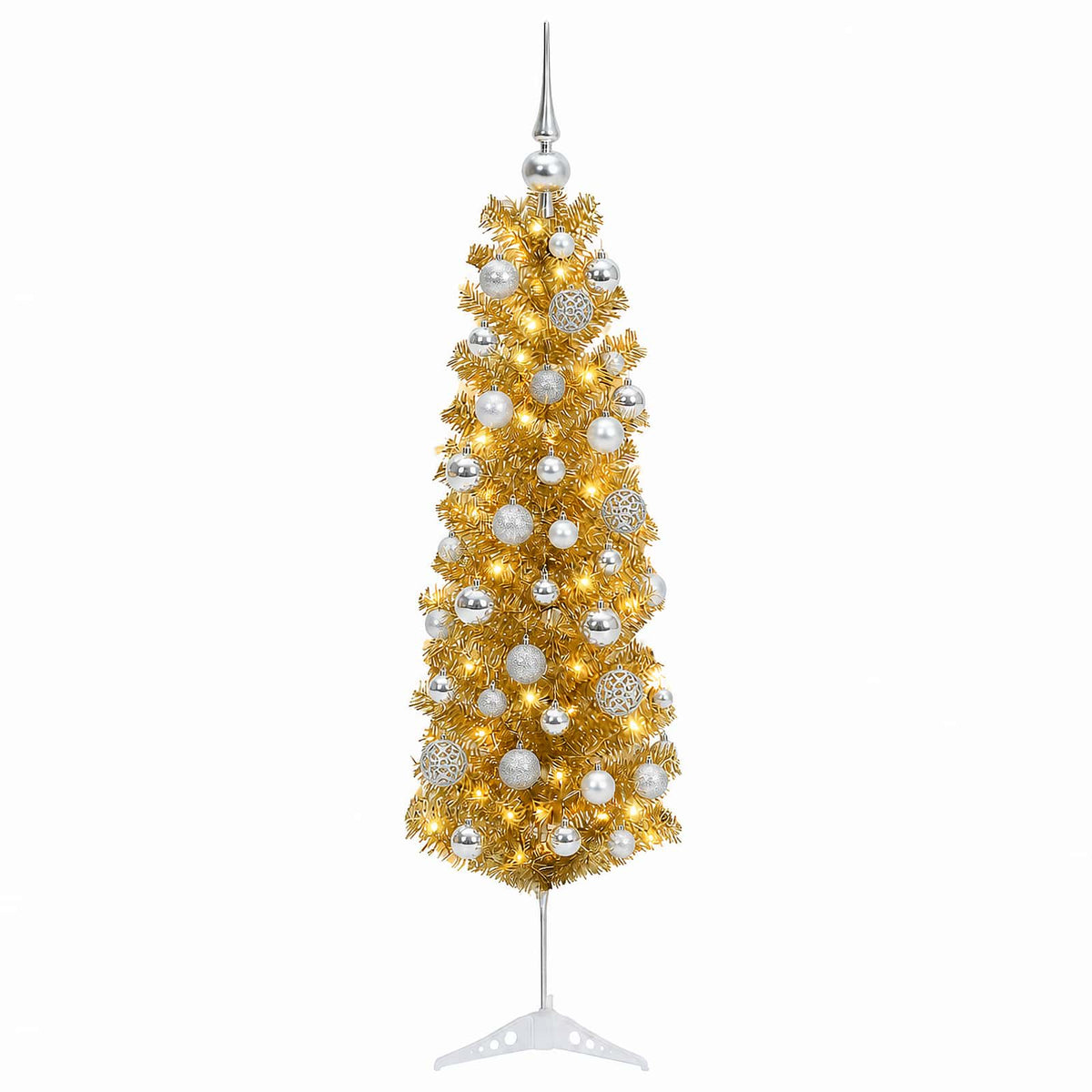 Keinotekoinen hoikka joulukuusi koristeilla 150 cm 150 LEDiä
