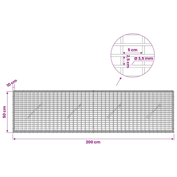 Gabion 3,5 mm langasta ja 5x2,5 cm verkosta 200x10x50 cm