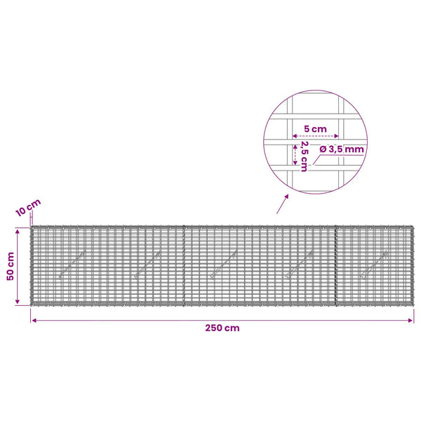 Gabion 3,5 mm langasta ja 5x2,5 cm verkosta 250x10x50 cm