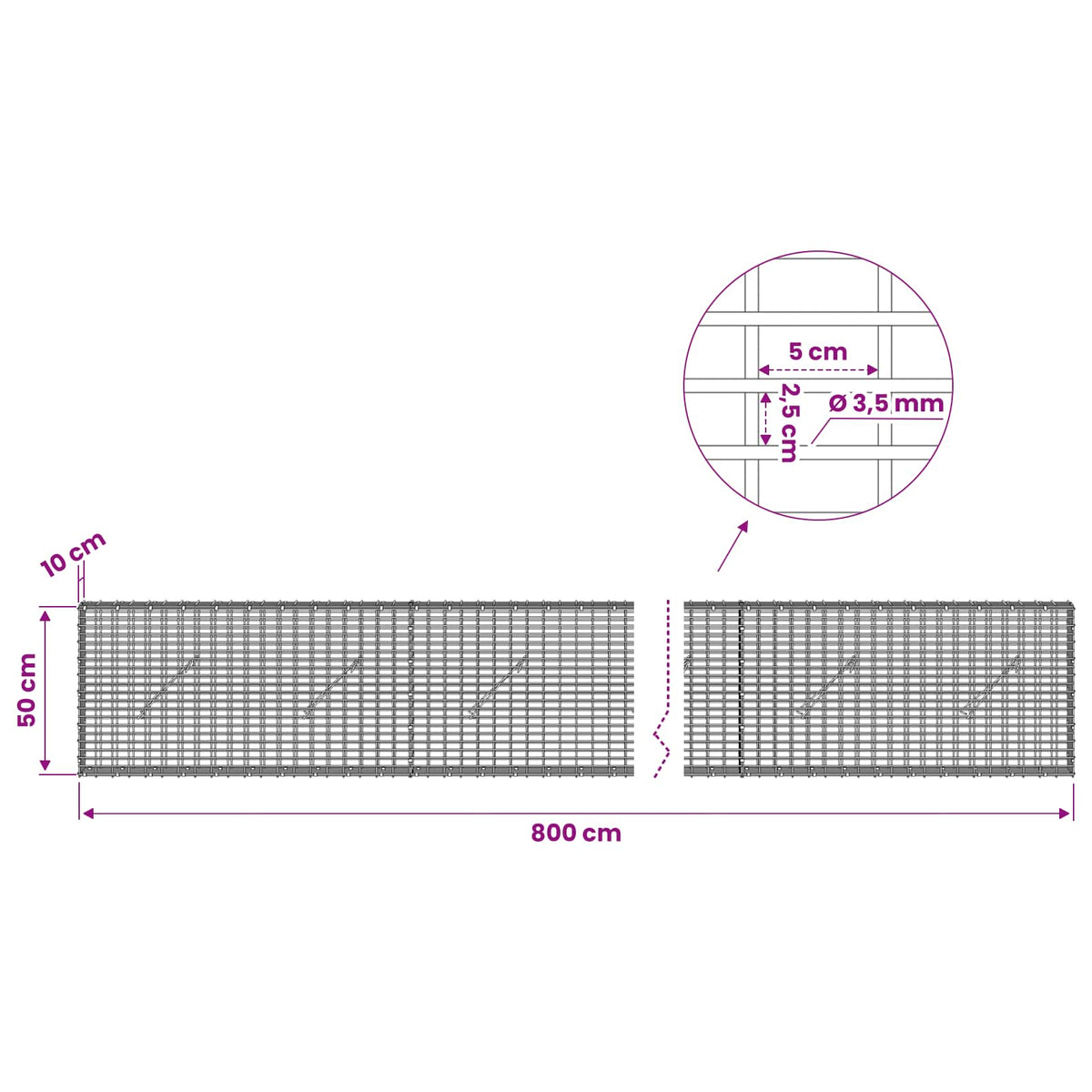 Gabion 3,5 mm langasta ja 5x2,5 cm verkosta 800x10x50 cm