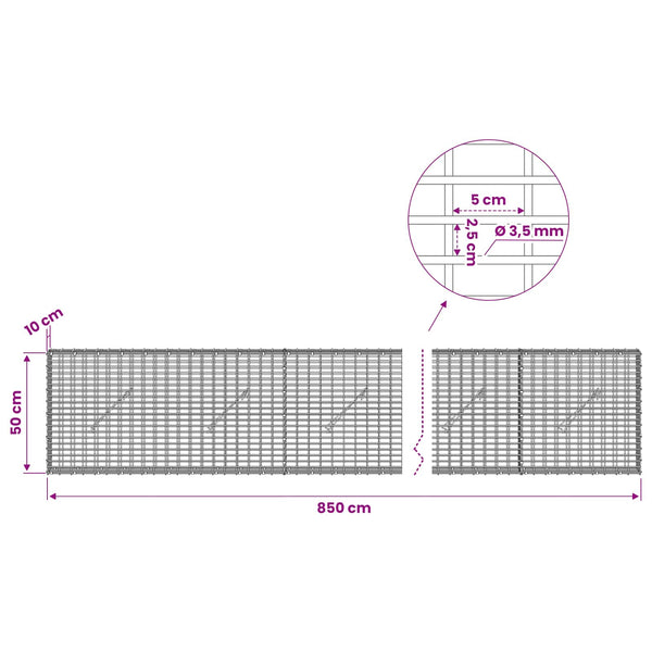 Gabion 3,5 mm langasta ja 5x2,5 cm verkosta 850x10x50 cm