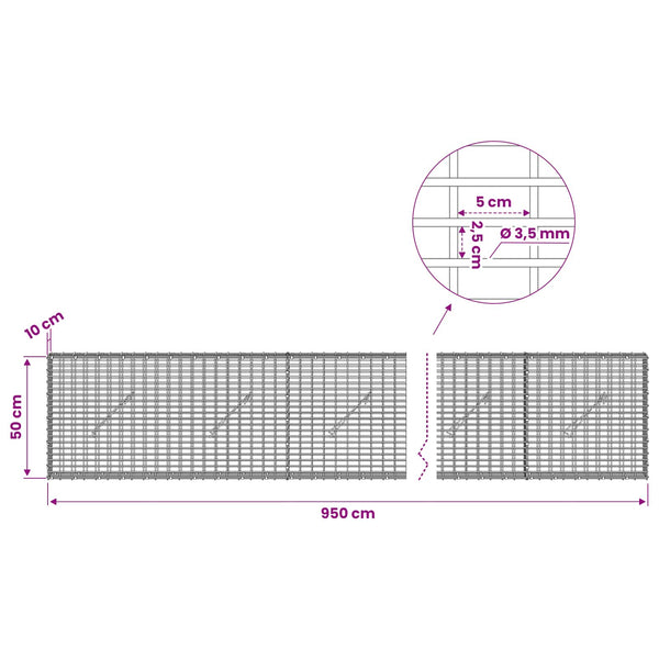 Gabion 3,5 mm langasta ja 5x2,5 cm verkosta 950x10x50 cm
