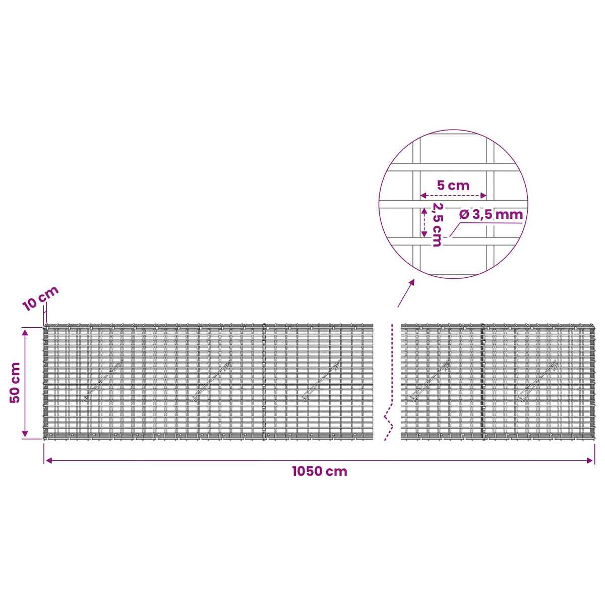 Gabion 3,5 mm langasta ja 5x2,5 cm verkosta 1050x10x50 cm