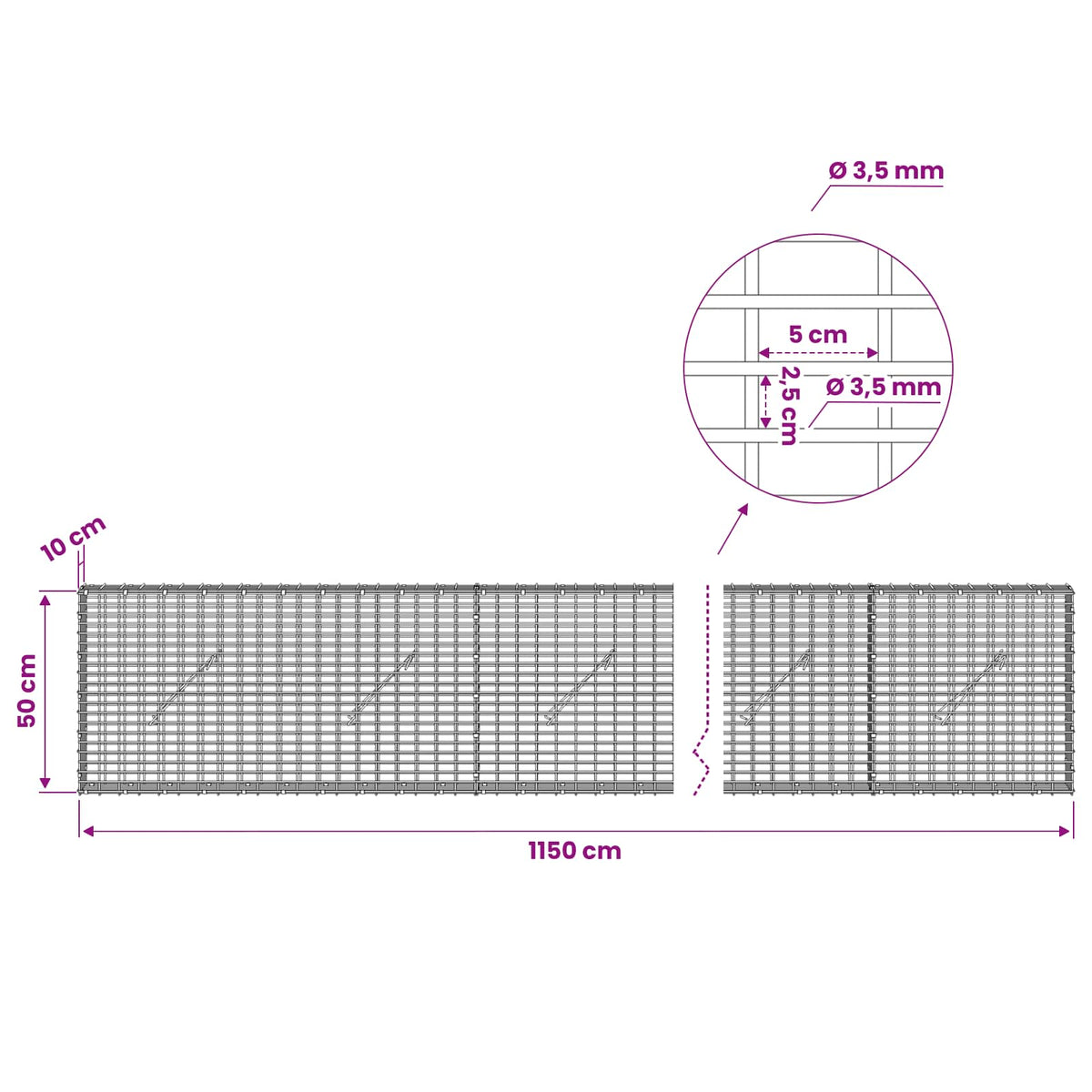 Gabion 3,5 mm langasta ja 5x2,5 cm verkosta 1150x10x50 cm