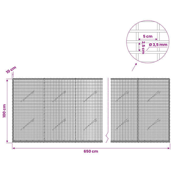 Gabion 3,5 mm langasta ja 5x2,5 cm verkosta 650x10x100 cm