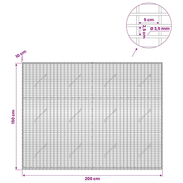 Gabion 3,5 mm langasta ja 5x2,5 cm verkosta 200x10x150 cm