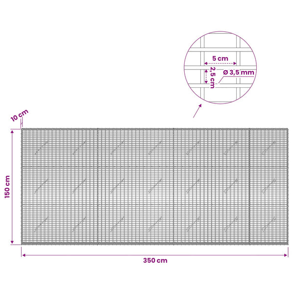 Gabion 3,5 mm langasta ja 5x2,5 cm verkosta 350x10x150 cm