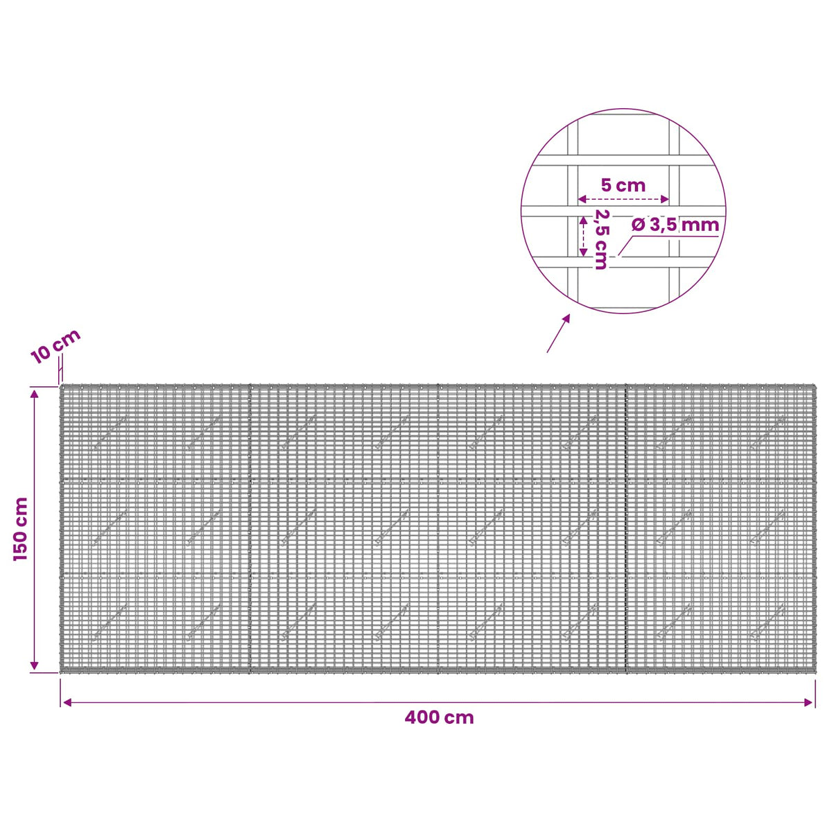 Gabion 3,5 mm langasta ja 5x2,5 cm verkosta 400x10x150 cm