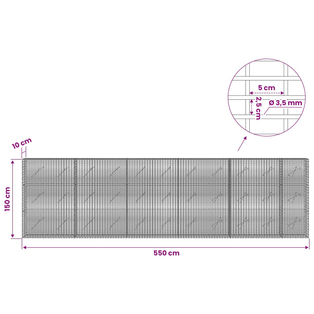 Gabion 3,5 mm langasta ja 5x2,5 cm verkosta 550x10x150 cm