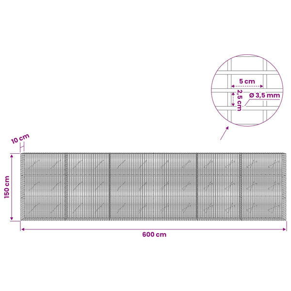Gabion 3,5 mm langasta ja 5x2,5 cm verkosta 600x10x150 cm