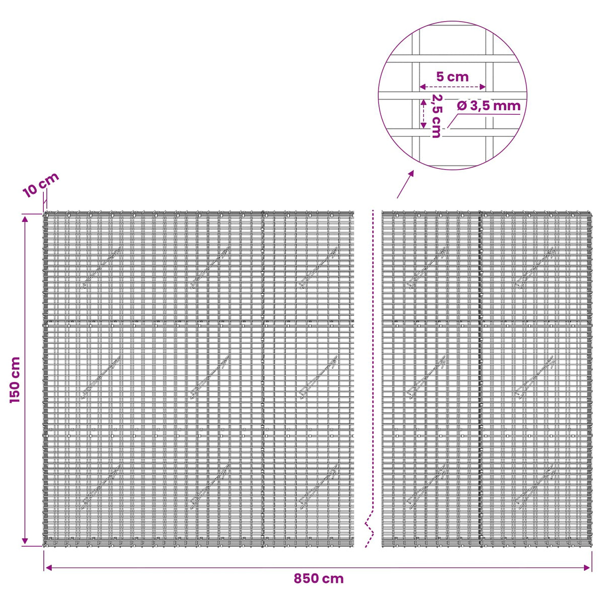 Gabion 3,5 mm langasta ja 5x2,5 cm verkosta 850x10x150 cm
