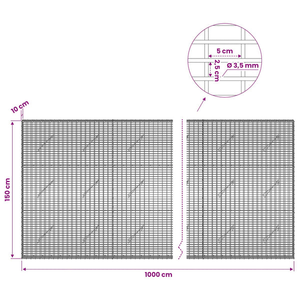 Gabion 3,5 mm langasta ja 5x2,5 cm verkosta 1000x10x150 cm