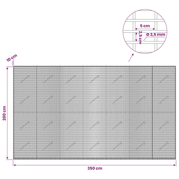 Gabion 3,5 mm langasta ja 5x2,5 cm verkosta 350x10x200 cm