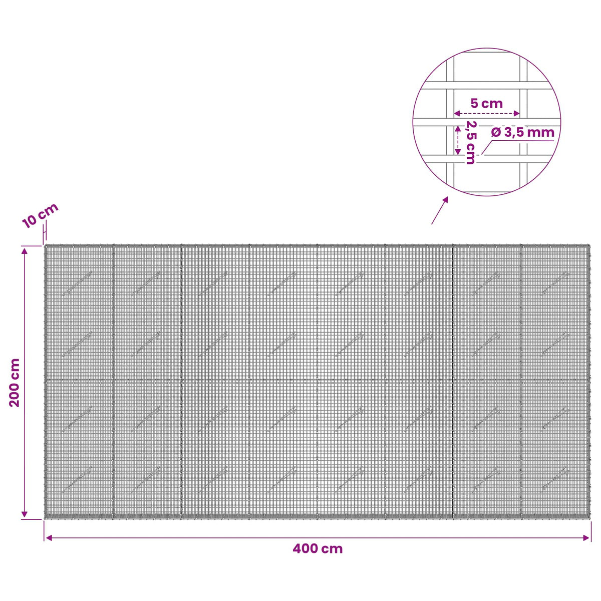 Gabion 3,5 mm langasta ja 5x2,5 cm verkosta 400x10x200 cm
