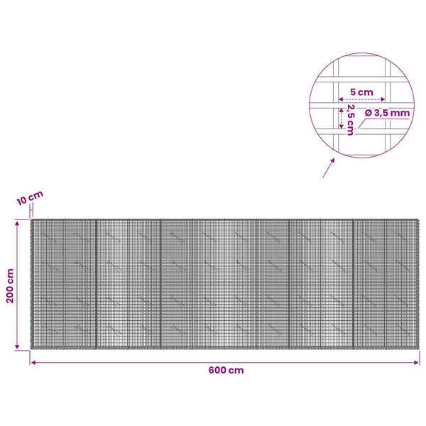 Gabion 3,5 mm langasta ja 5x2,5 cm verkosta 600x10x200 cm