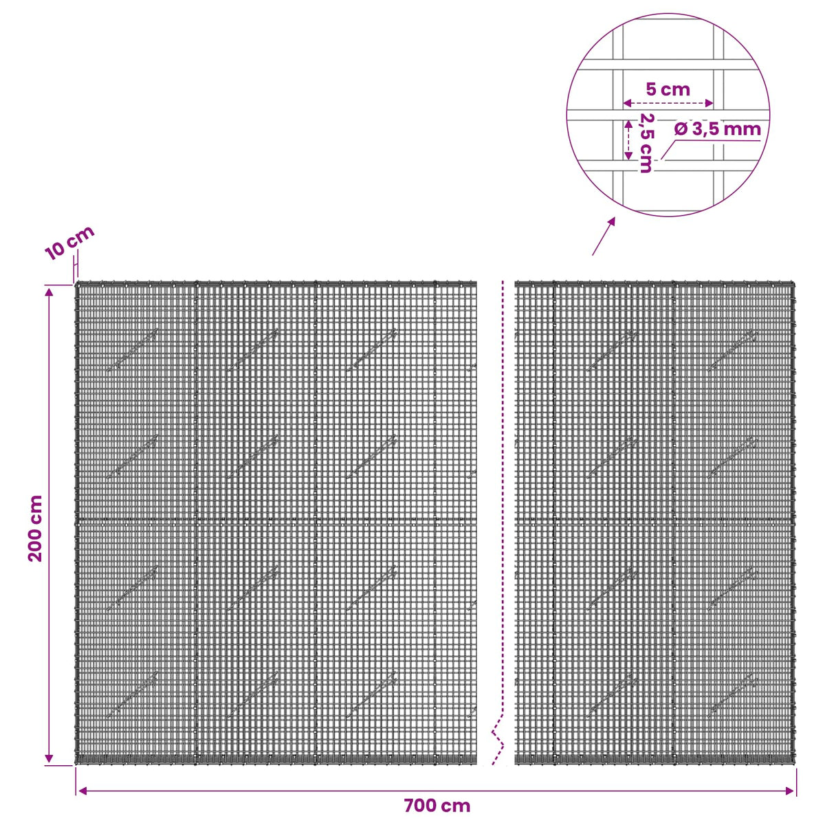 Gabion 3,5 mm langasta ja 5x2,5 cm verkosta 700x10x200 cm