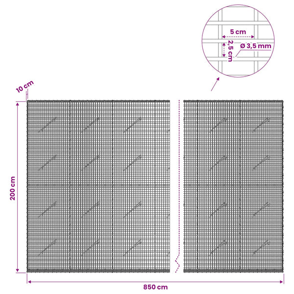 Gabion 3,5 mm langasta ja 5x2,5 cm verkosta 850x10x200 cm