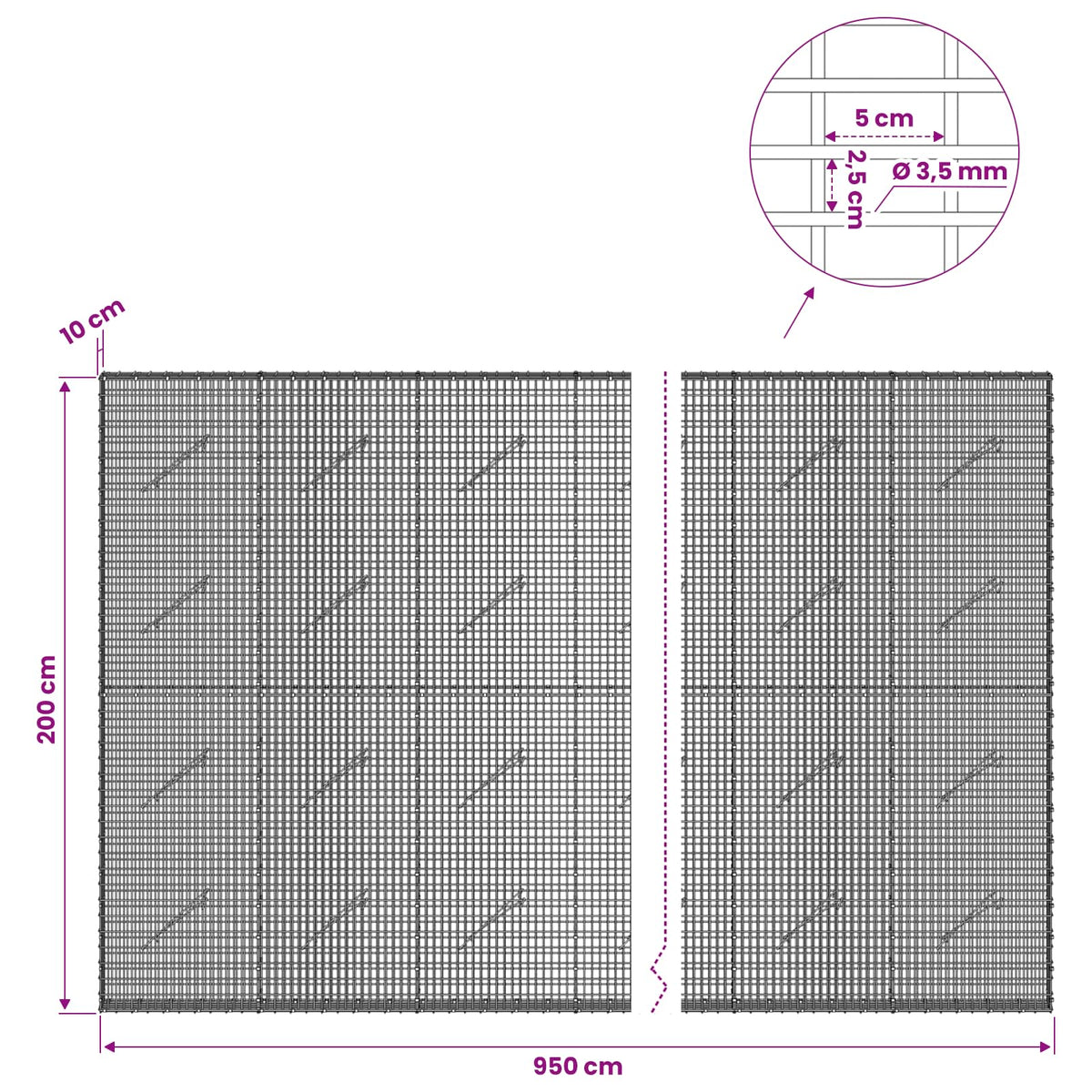 Gabion 3,5 mm langasta ja 5x2,5 cm verkosta 950x10x200 cm