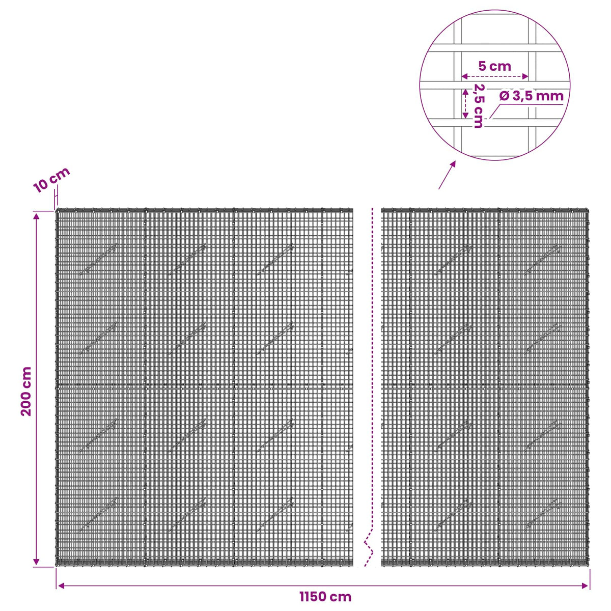 Gabion 3,5 mm langasta ja 5x2,5 cm verkosta 1150x10x200 cm