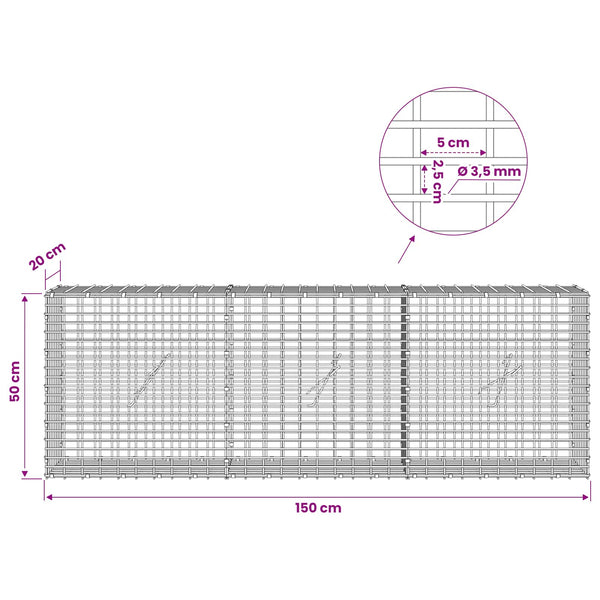 Gabion 3,5 mm langasta ja 5x2,5 cm verkosta 150x20x50 cm