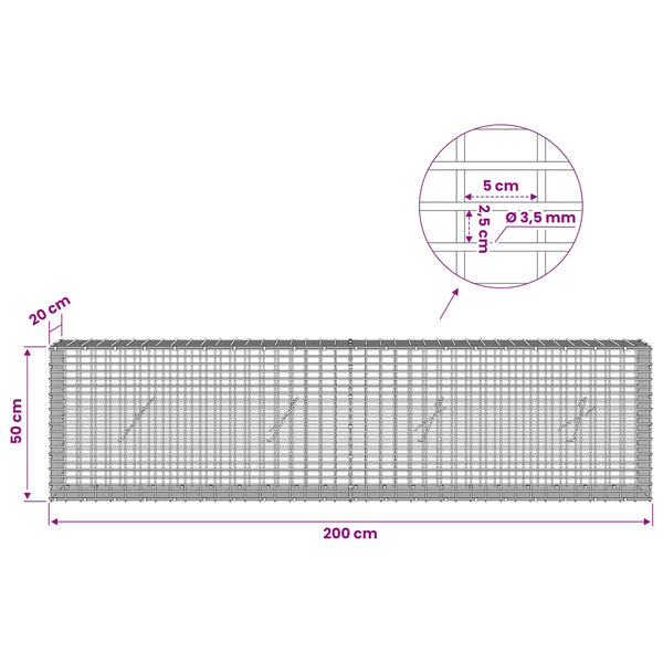 Gabion 3,5 mm langasta ja 5x2,5 cm verkosta 200x20x50 cm