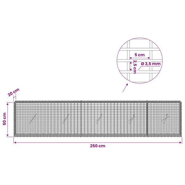 Gabion 3,5 mm langasta ja 5x2,5 cm verkosta 250x20x50 cm