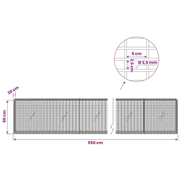 Gabion 3,5 mm langasta ja 5x2,5 cm verkosta 550x20x50 cm